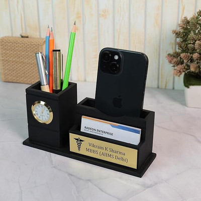 UrbanLane 3 Compartments Wooden Pen Stand With Card Holder For Doctors(Matte Black)
