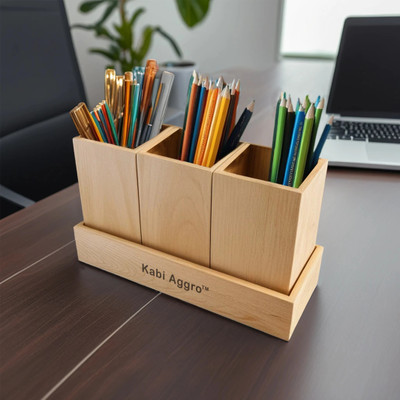 Kabi Aggro 3 Compartments Pine Wood Pen stand desk organizer pencils pens markers hold(Wooden)