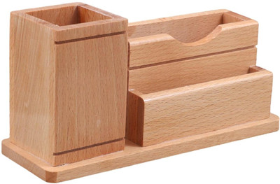 OCHHAV 3 Compartments Wooden Pen Holder with Business Visiting Card | Multipurpose Desk Organizer Pen And Pencil Holder For Office And Study Table(Beige)