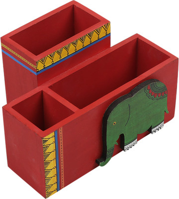 VarEesha 3 Compartments Wooden Pen Stand(Red)