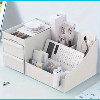 Charmpeak 7 Compartments Plastic Dual-Drawer Organizer box for Stationery and Cosmetic Items(White)
