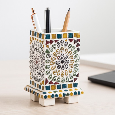 HnH Estore 1 Compartments Wooden Pen Stand and Desk Organizer for Office, Home & Study Table Use(White)