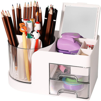 HOUSE OF QUIRK 6 Compartments Plastic 360° Rotating Desk Organizer with Mirror, 2 Drawers & 7 Slots-23x13x13 Cm(White)