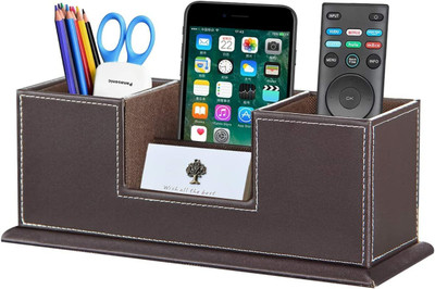 Vanquish 4 Compartments WOODEN Leather Desk Organizer Caddy accessories Stationery Storage for Office Supplies(Brown)