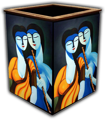 pnf 1 Compartments wooden Colourful Wooden Pen Stand with photo of Radha Krishna -3042(Multicolor)