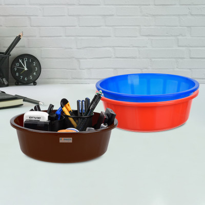 HOMESTIC by Kuber Industries 3 Compartments Plastic Desk Organizer(Red & Blue & Brown)