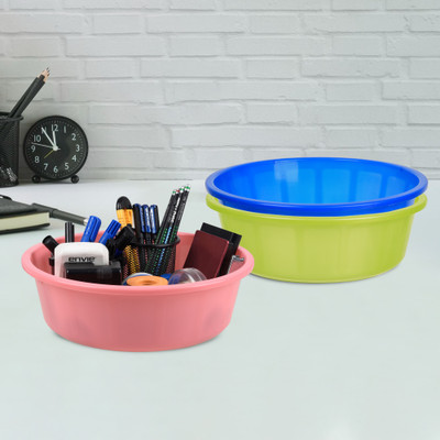 KUBER INDUSTRIES 3 Compartments Plastic Desk Organizer(Green & Blue & Light Pink)