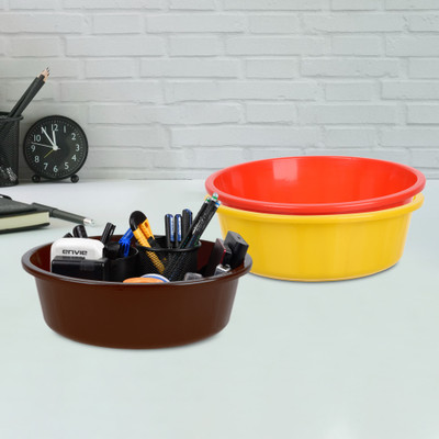 KUBER INDUSTRIES 3 Compartments Plastic Desk Organizer(Yellow & Red & Brown)