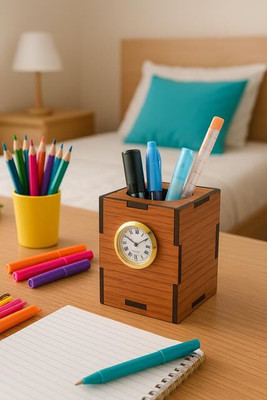 Afast 1 Compartments Wood Wooden Pen / Pencil Stand With Visiting Card & Mobile Holder For Desk Organizers(Brown)