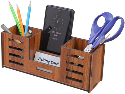 GENIYO 4 Compartments Wooden Stand For Table Accessories Pen / Pencil / Mobile / Visiting card holder Desk Organizer With Pen/Pencil/Mobile/Visiting Card Stand For Office Table Stand(Brown)