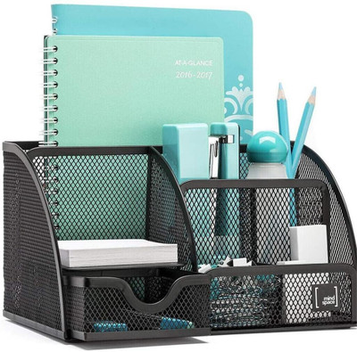 DUS 6 Compartments Metal 6 Compartment Multi-Functional Black Metal Pen Stand Mesh Style Desk Organizer(Black)