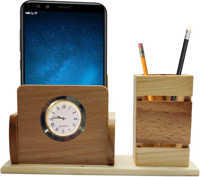 StarLaser 2 Compartments wooden pen holder with clock Multipurpose Wooden Desk Organizer Pen Stand(Brown)