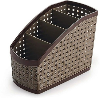 JAI SHRI 4 Compartments Plastic Multi purpose stand, pen stand,brush stand(Brown, Beige)