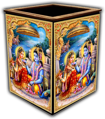 pnf 1 Compartments wooden Colourful Wooden Pen Stand with photo of Radha Krishna -14506(Multicolor)