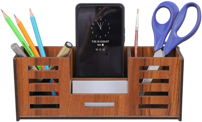 ASIMAGEMS 4 Compartments Wooden Pen & Pencil Stand With Visiting Card & Mobile Holder For Desk organizers Multipurpose Wooden Pen And Pencil Stand For Office Table With Business Card(Brown)