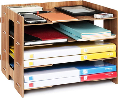 Tonnez 4 Compartments wood letter tray, paper tray A4 storage system for office paper letter.(Brown)