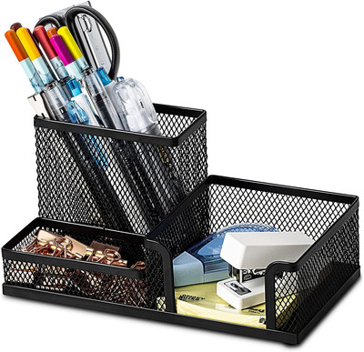 Maahixa 3 Compartments Metal Mesh Desk Organizer Stationary Storage Stand Pen, Pencil Holder For All Use(Black)