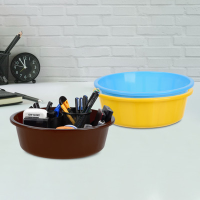 KUBER INDUSTRIES 3 Compartments Plastic Desk Organizer(Yellow & Sky Blue & Brown)