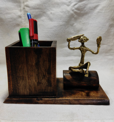 Hearts and Crafts 1 Compartments (L/W/H - 18/10/12 Cm) Brass crafted Wooden stationery and Stationery holder(Brown)