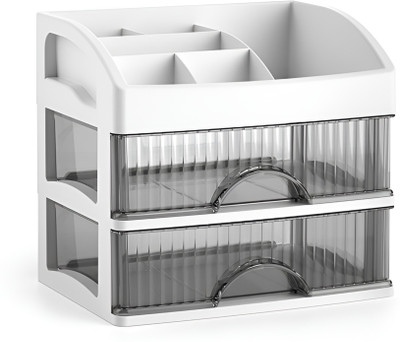 HoopVool 2 Compartments Plastic for Makeup Brush,Jewelry,Skincare Vanity 2-Layer Display Organizer(White)