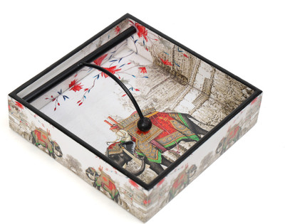 DULI 1 Compartments MDF Wooden Elephant Print Napkin Holder - Kitchen & Dining Decor (19x19 cm)(White)