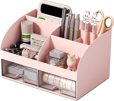 Kienlix 6 Compartments Plastic Multifunctional Desk Organiser with 6 Compartments & 2 Drawer Desktop Office(Pink)