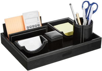 DeskDock 6 Compartments Genuine Leather Black Multipurpose Desk Organizer 6-in-1 Desktop Set Pen Stand with Mobile Holder & Remote Stand for Office Desk Table Storage Box(Black)