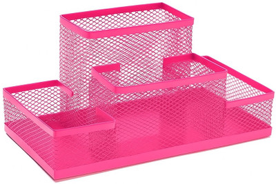 SkyFurnish 4 Compartments Metal Mesh Stylish Pink Metal Mesh Desk Organizer | Durable Pen & Pencil Holder(Pink)