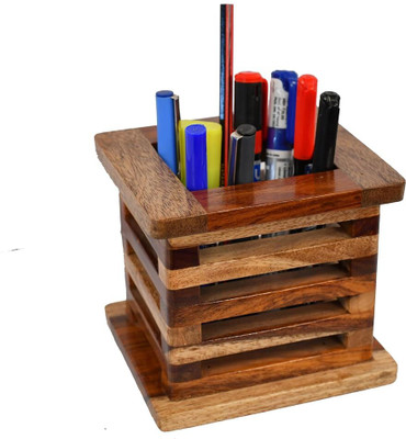 GAF 1 Compartments Sheesham Wood Pen stand(Honey Finish)