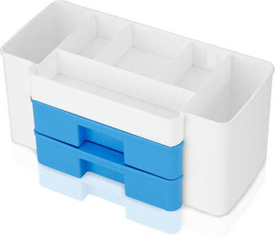 ALWAFLI 8 Compartments Plastic Make up Storage Organizer for Vanity with Drawers for Cosmetics, Desk Organizer(Blue, White)