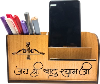 Rahnt international 3 Compartments Wooden, Khatu Shyam Pen/Pencil Stand with Visiting Card&Mobile Holder Office Table Desk Organizers(Brown)