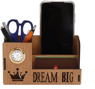 Shraddha Gift Art 3 Compartments Wood Desk Organizer with Clock & Office Table Accessories(Brown)
