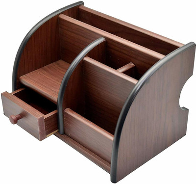RAMBHAKTA 6 Compartments Wooden Pen Stand::Office Items Holder::Study Items Holder(Brown)