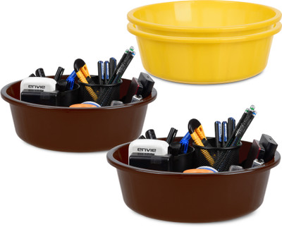 KUBER INDUSTRIES 4 Compartments Plastic Desk Organizer(Yellow, Brown)