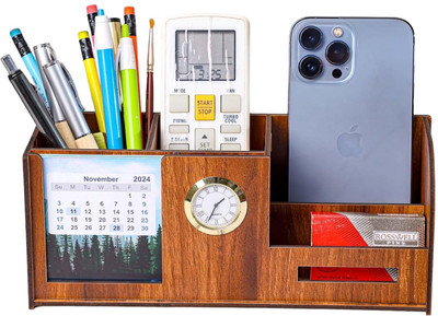 Satvat 4 Compartments Wooden Pen Holder with Clock, Business Visiting Card and Mobile Stand Pen, Pencil and other Stationary Organizer for Office Desk and Study Table.(Brown)