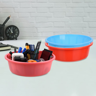 KUBER INDUSTRIES 3 Compartments Plastic Desk Organizer(Red & Sky Blue & Pink)