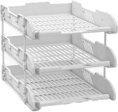 ZOMIFY 3 Compartments Plastic File Tray Rack Office Stationery Files Layer Rack(White)
