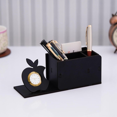 Decor House 3 Compartments Wood Premium Wooden Pen Stand With Apple Shape Table Clock For Home And Office Decor(Black)