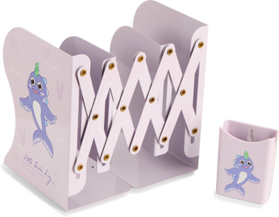 GENZ 3 Compartments Metal Book stand Cartoon print file, book, and pen stand designed to keep your desk(Purple)