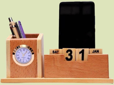 ViaZAID 3 Compartments Wood Pen Stand(Beige)