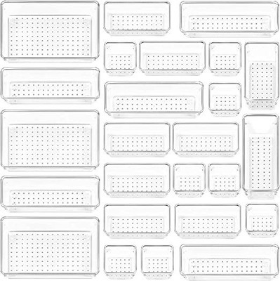 Kienlix 25 Compartments Plastic Desk Drawer Organizer Trays Various Size Bathroom Organizer Storage Tra(Clear)