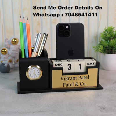 GENIYO 2 Compartments Pen Holder with Clock, Calendar, Visiting Card and Mobile Stand with Name | Personalized Stationary Organizer for Office Desk and Study Table(Black)