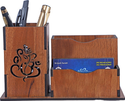 Shraddha Gift Art 3 Compartments wooden MDF pen stand, card holder(Brown)