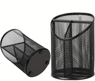 NowExp 3 Compartments Metal Pen Holder Mesh Round Pencil Holder Desktop Organizer 3 Compartments(Black)