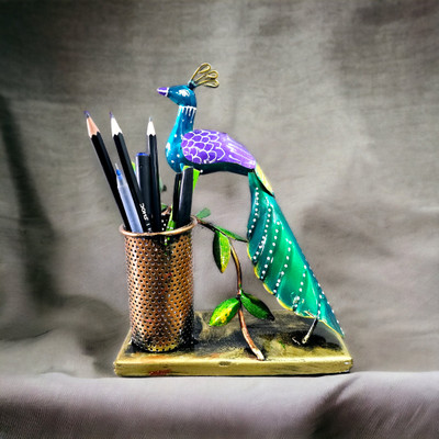 Navkar Handicraft 1 Compartments Metal Peacock Pen Holder(Multicolor)