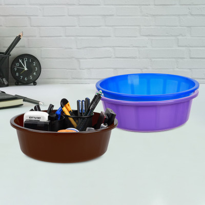 KUBER INDUSTRIES 3 Compartments Plastic Desk Organizer(Purple & Blue & Brown)