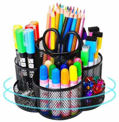 CraftXpress 7 Compartments Metal Rotateable Stationery Items Organizer for Office Aesthetic Pen Stand Holder(Black)