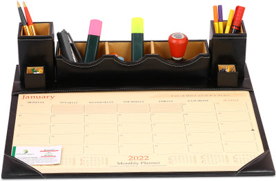 RASPER 7 Compartments 2025 Black Leather Desk Planner With Paper Memo Mobile Card Holder Desktop Stationery Organizer Multipurpose Pen Stand For Office Table Top Desk Organizer(Black)