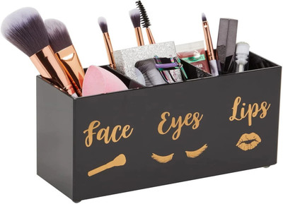 FANASSYY 3 Compartments Acrylic Makeup Brush Holder, Face Eyes Lips Printed Storage Organizer, Vanity Countertop(Black with golden)