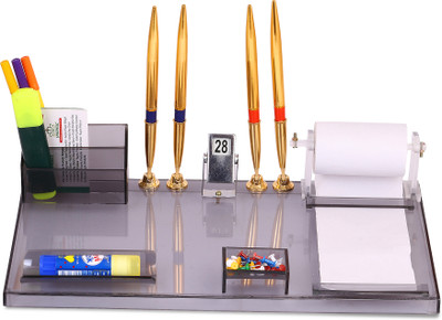 RASPER 4 Compartments Acrylic Pen Stand Holder Big Size (15x8 Inches) Desk Planner Multipurpose Desk Organiser Cum Pen Stand With 4 Pen & Calender For Office Table(Smoke Black)